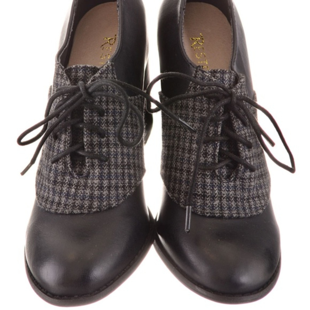Plaid Lace Up Oxford High Heel Pump in Black - Picture 2 of 5